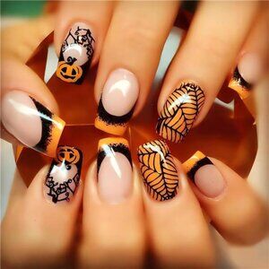 Medium Square Halloween Press On Nails - Black Spider Web